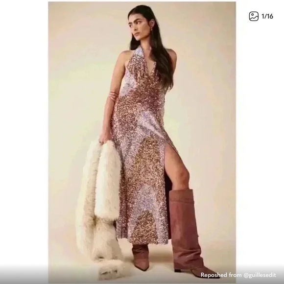 NWT Free People Glitter and Gold Sequin Pink Sweetheart Halter Velvet Slit dress - Picture 3 of 9